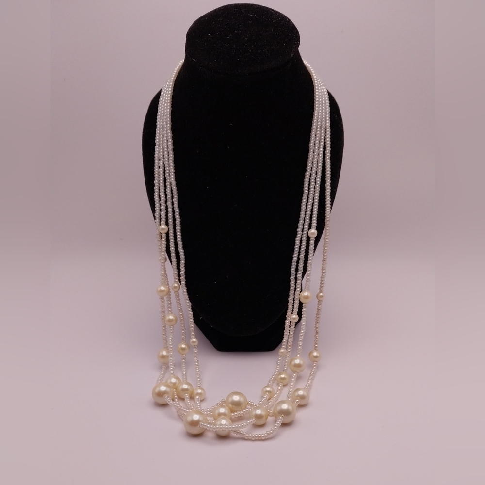 Vtg Signed Trifari Faux Pearl Multi Strand Necklace 18"